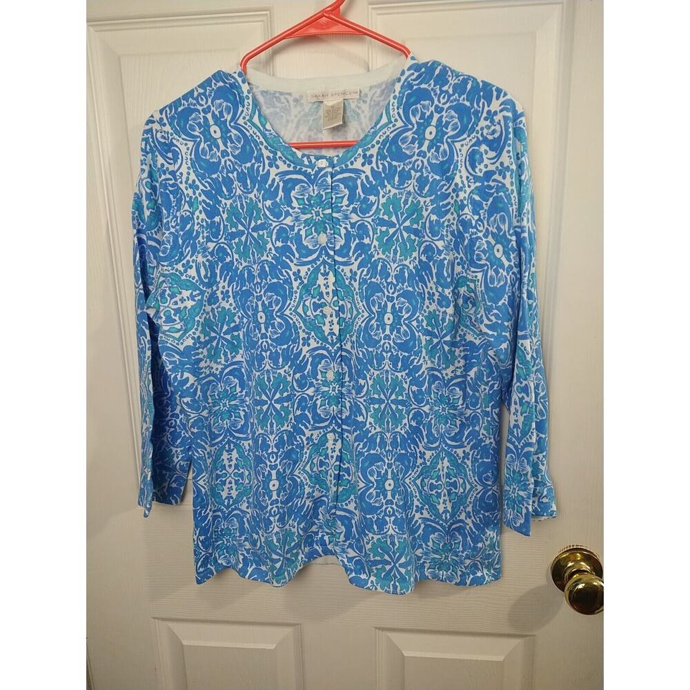 Sarah Spencer Woman XL Cardigan Sweater Aqua Blue White 3/4 Sleeve Button Front
